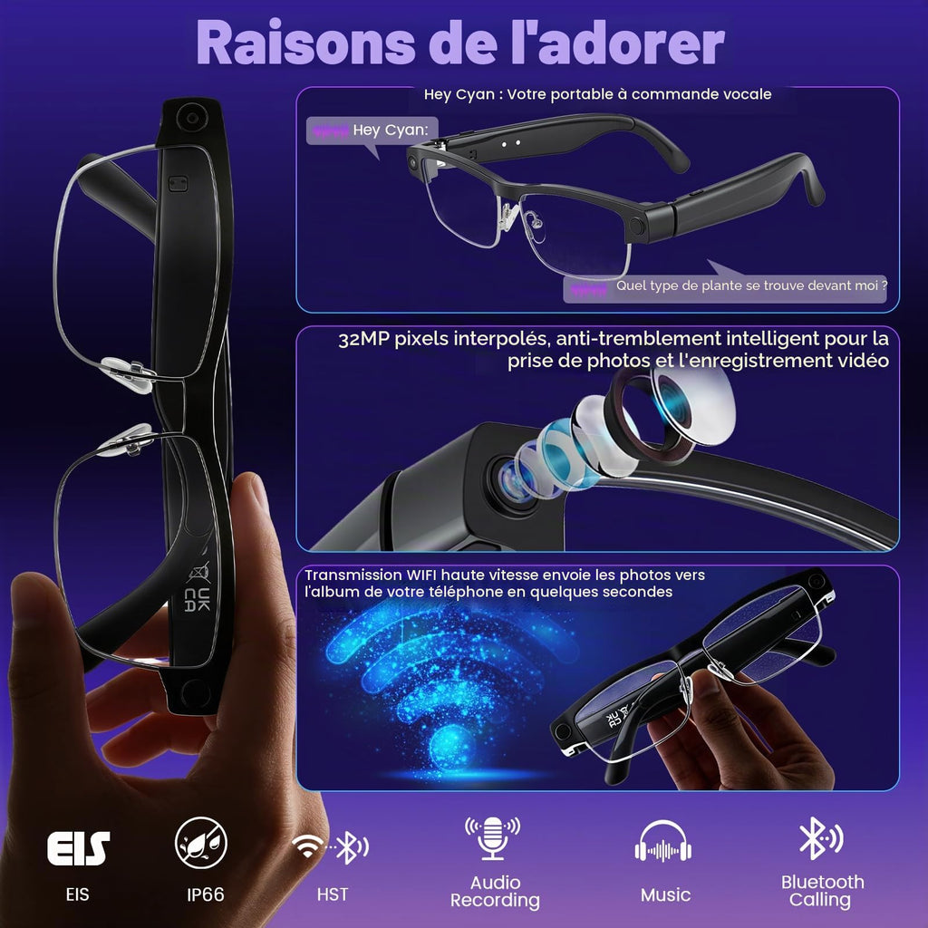 Lunettes connectées IA filtre lumière bleue HD 1200P Bluetooth sport