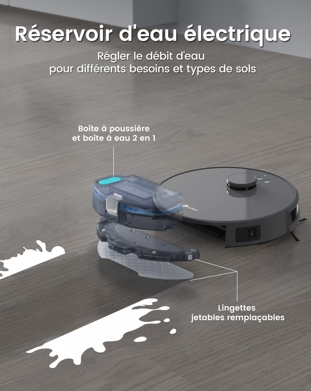 Robot aspirateur laveur 2 en 1 5500Pa navigation LiDAR 200min cartographie