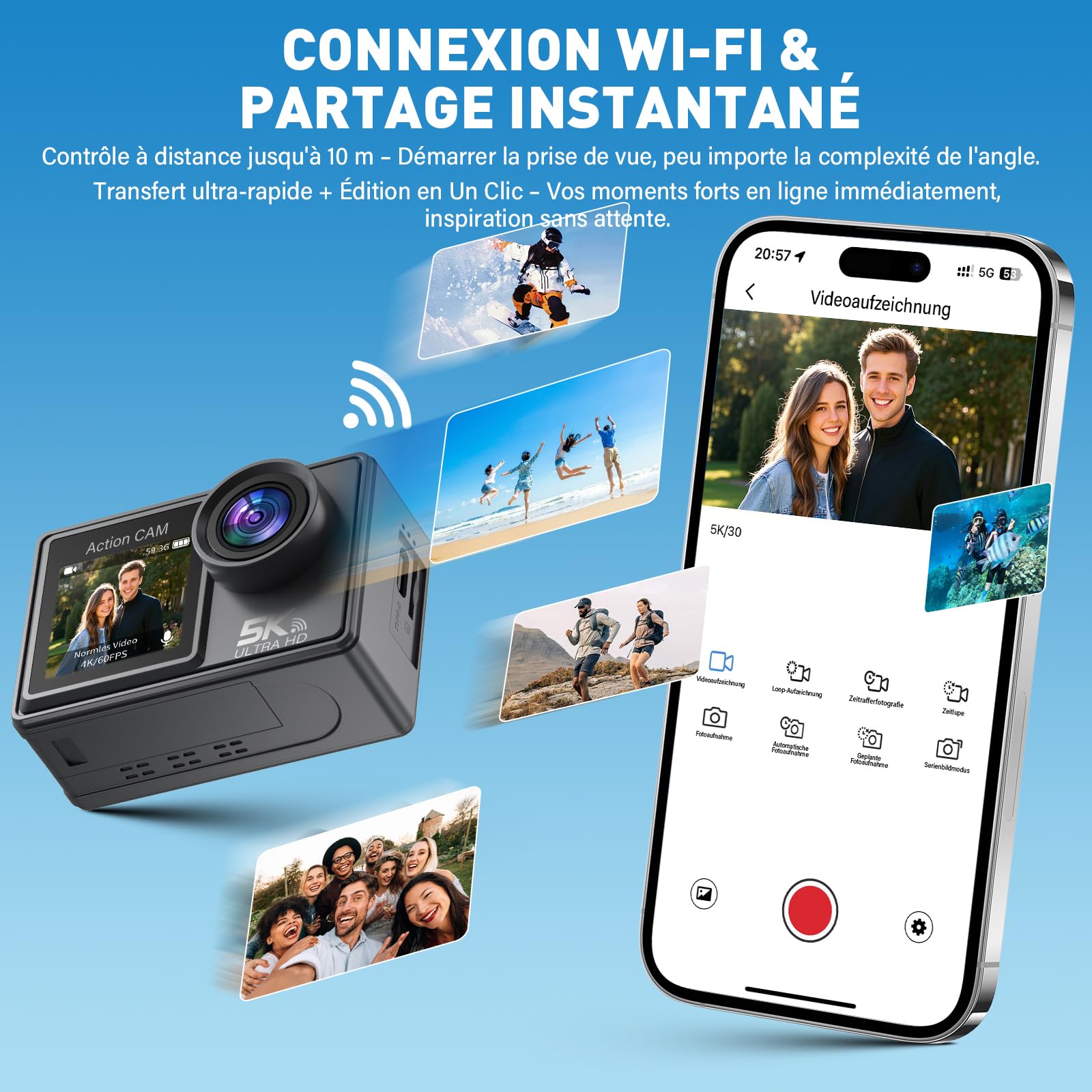 Caméra d'action 5K 50MP double écran tactile — zoom 5X, stabilisation EIS 6 axes, étanche 30 m, WiFi
