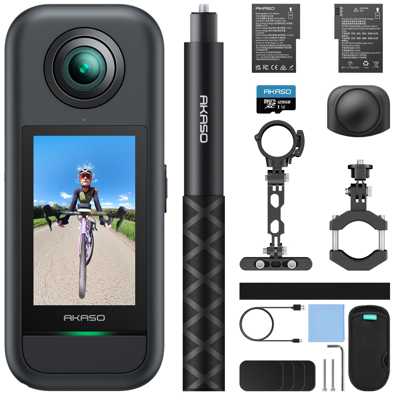 Caméra sport 360° kit vélo 5.7K 72MP 128Go action cam stabilisée