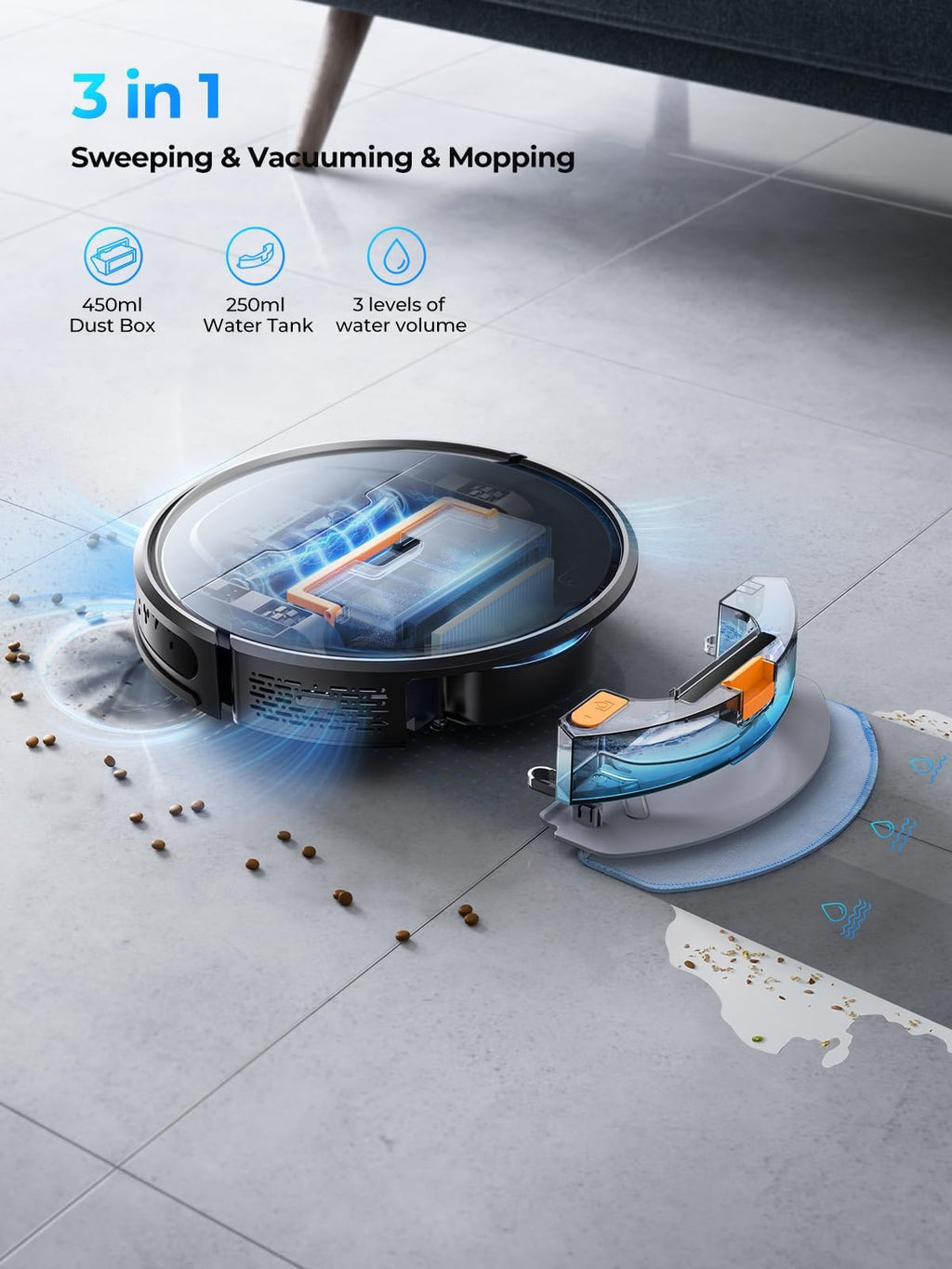 Robot aspirateur laveur 4500Pa ultra-silencieux fin navigation auto