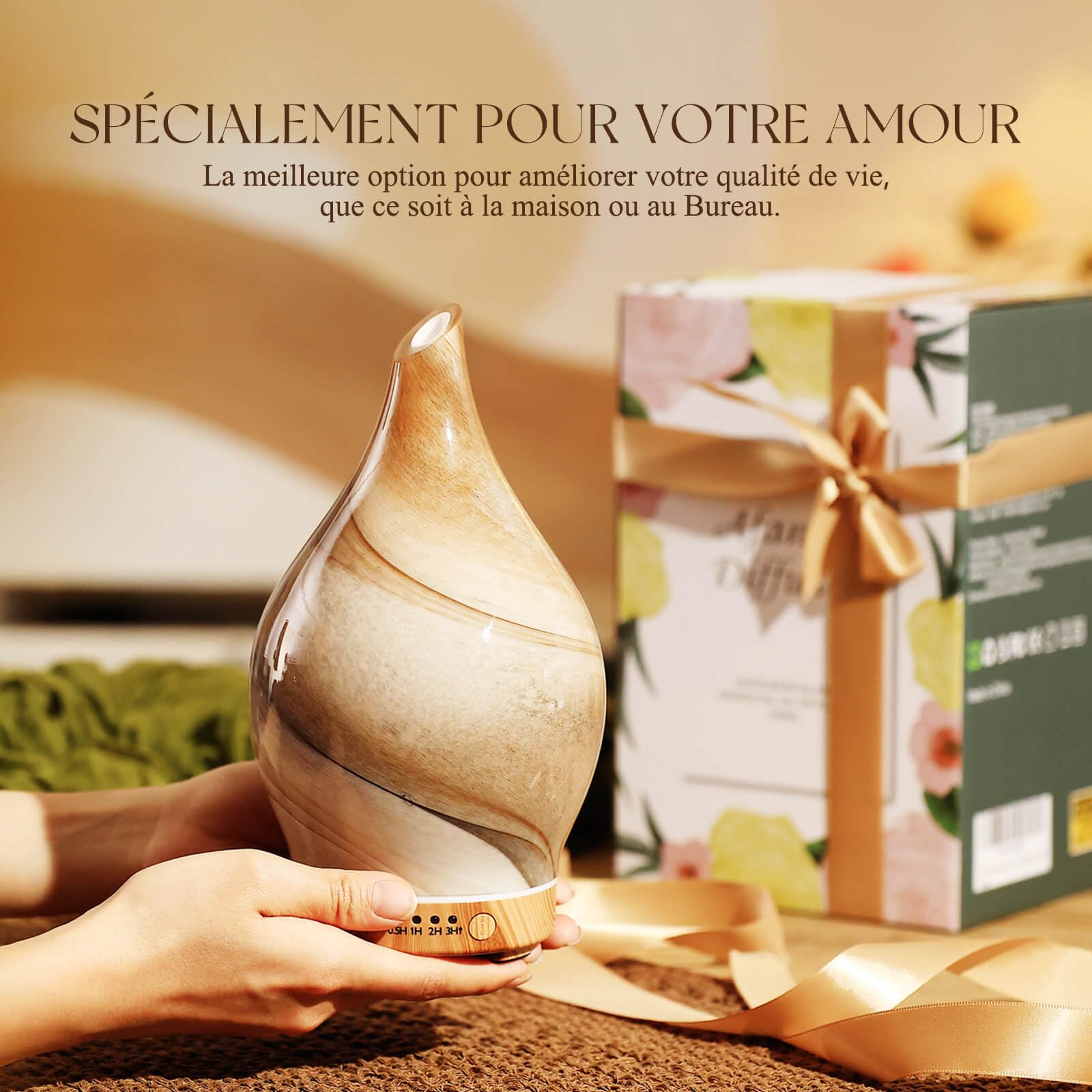 Diffuseur d'arômes en verre soufflé main 100 ml — ultrasons, 7 couleurs LED apaisantes