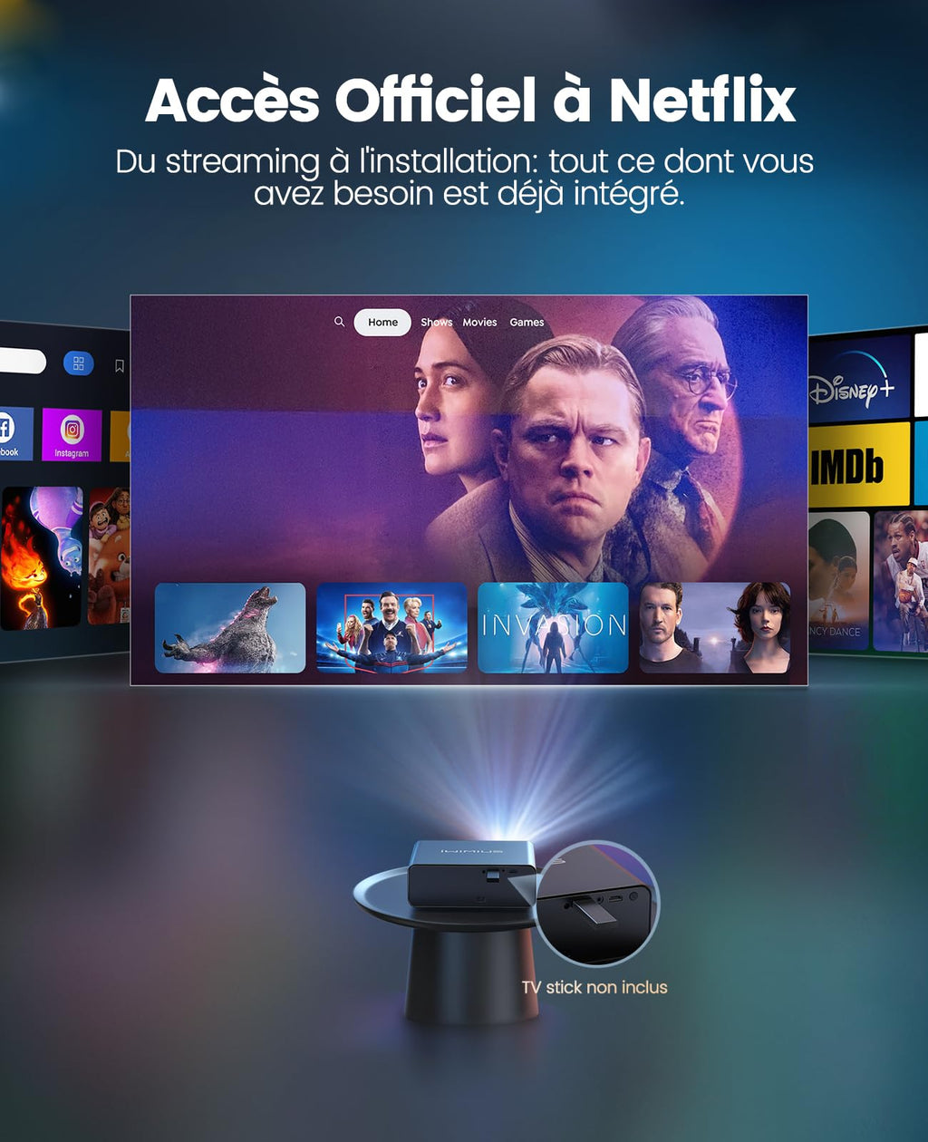 Vidéoprojecteur 4K 1000 ANSI Netflix Dolby Audio FHD intelligent
