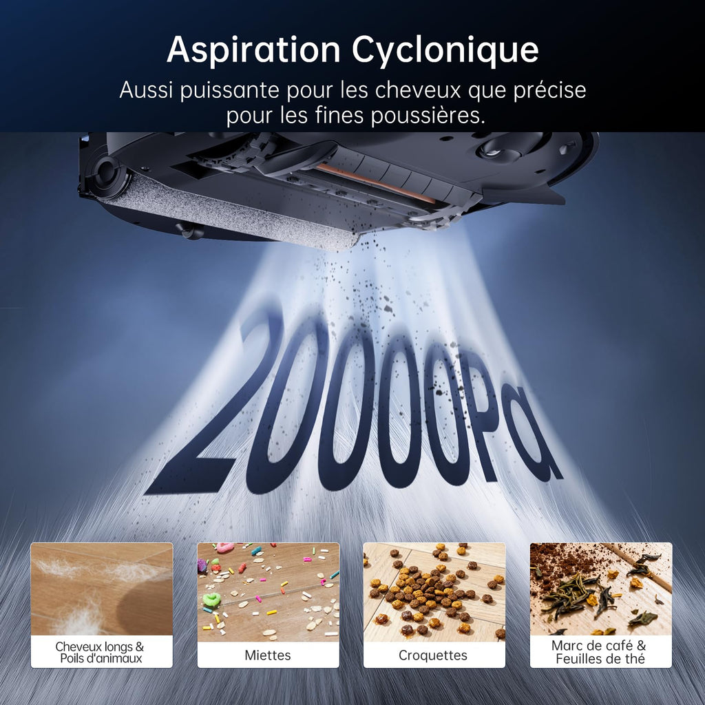 Robot aspirateur rouleau lavant 20000Pa cartographie LiDAR autonomie