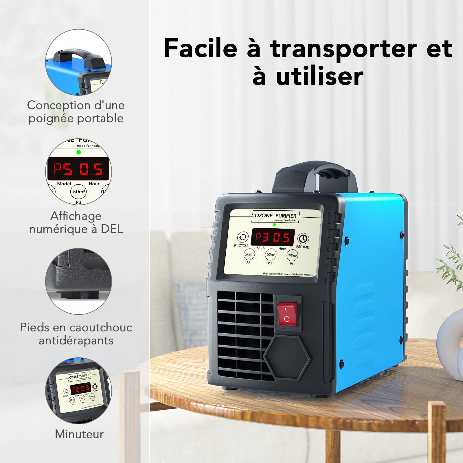Générateur d'ozone maison jusqu'à 300 m² — modes intelligents, minuterie et cycle automatique