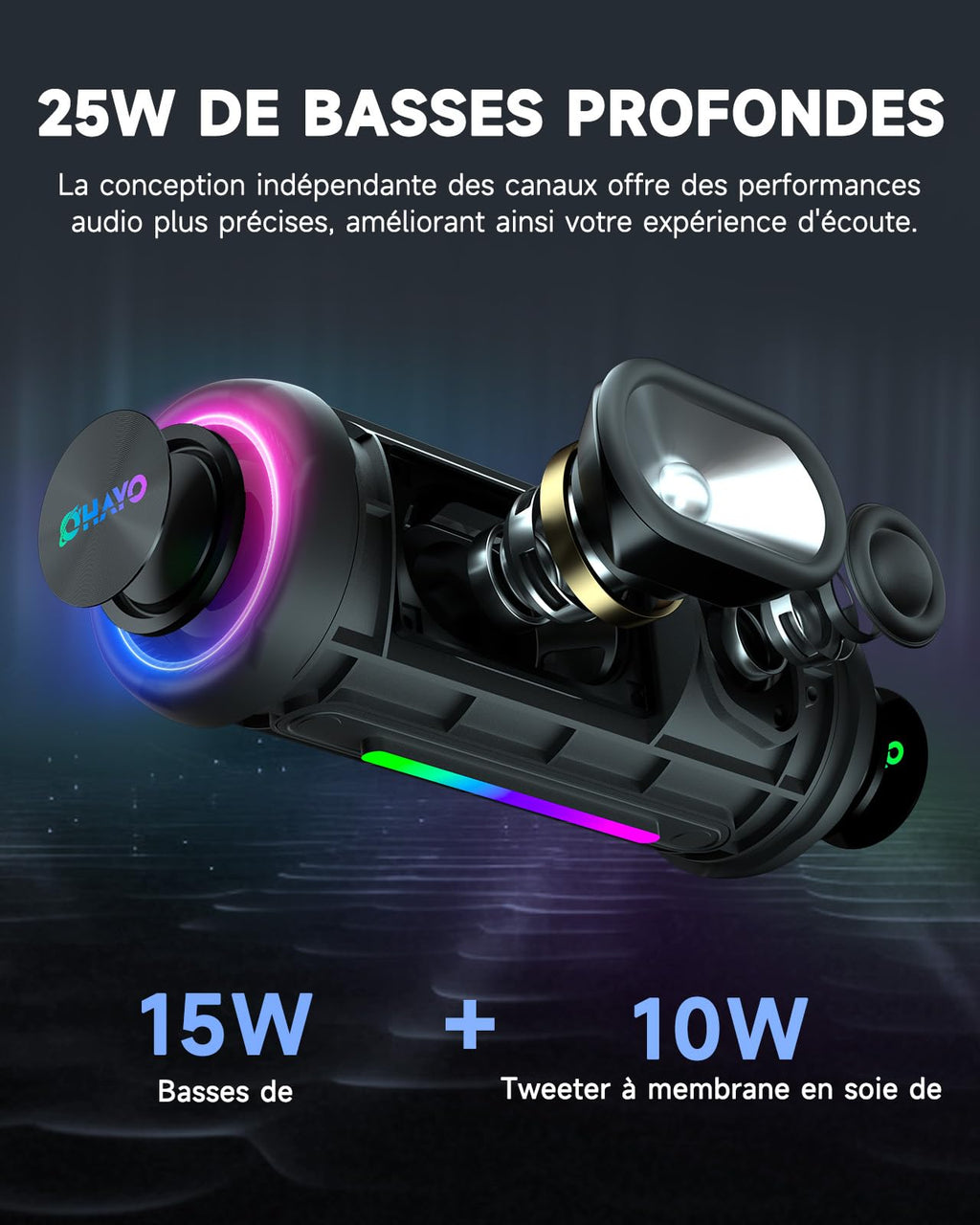 Enceinte Bluetooth lumineuse 25W — woofer + tweeter, 6 effets RGB, IPX7, 24h