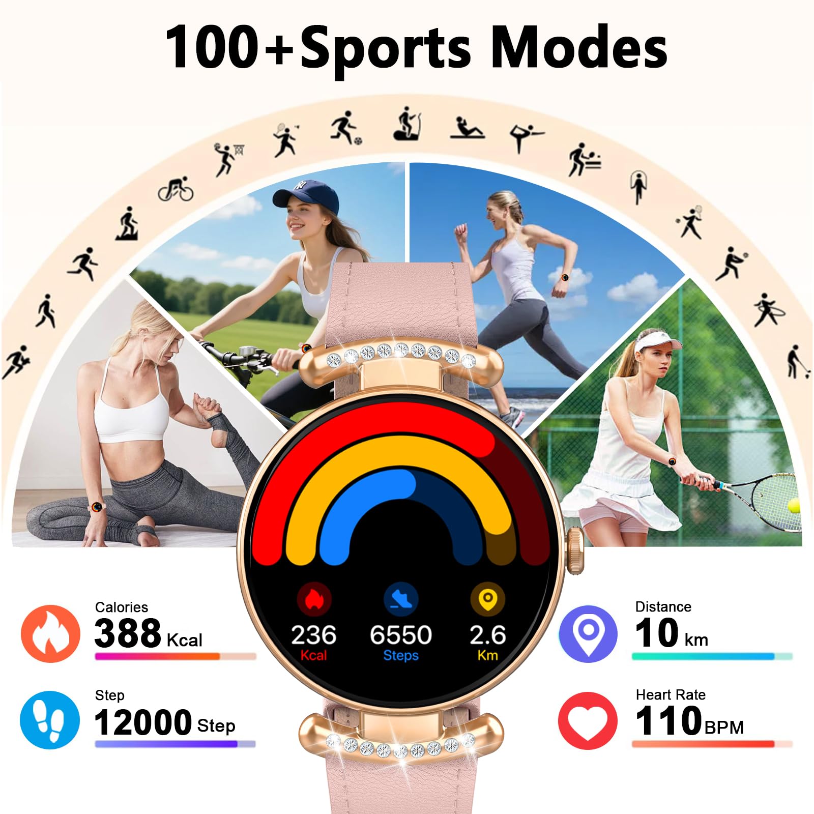 Montre connectée femme AMOLED 1,2 pouces appel Bluetooth fréquence cardiaque