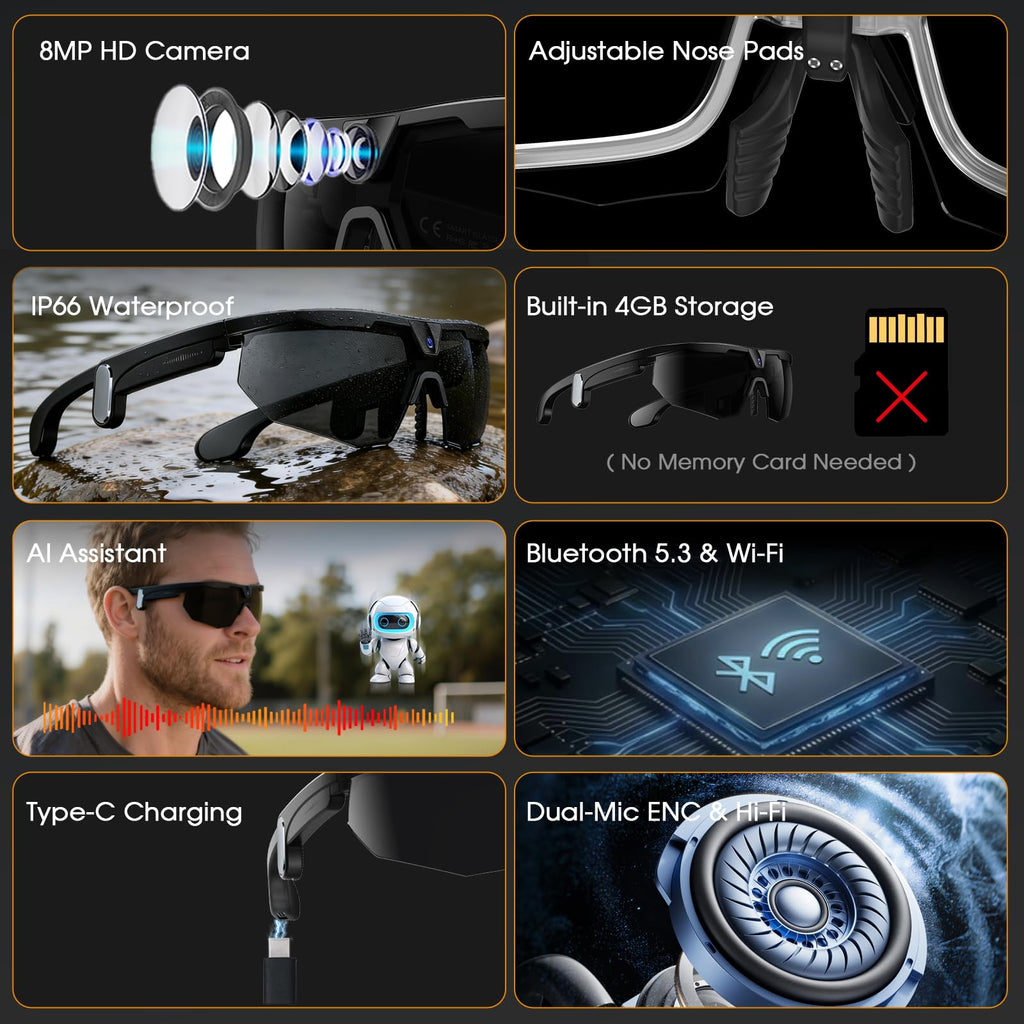 Lunettes connectées sport caméra 8 MP — stockage intégré, enregistrement vidéo