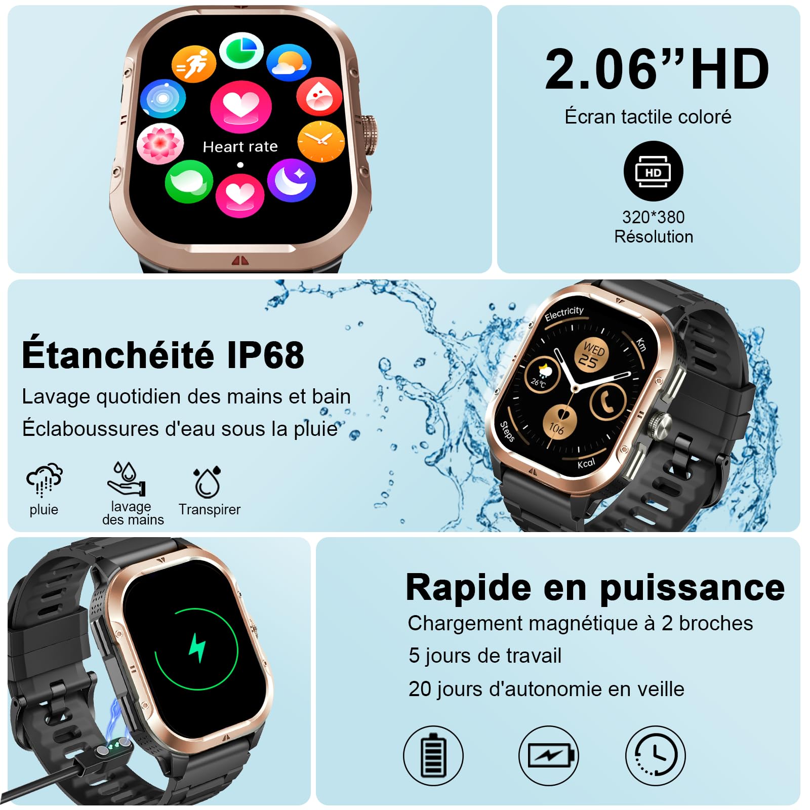 Montre connectée homme GPS 2,06 pouces HD 110 modes sportifs appel Bluetooth