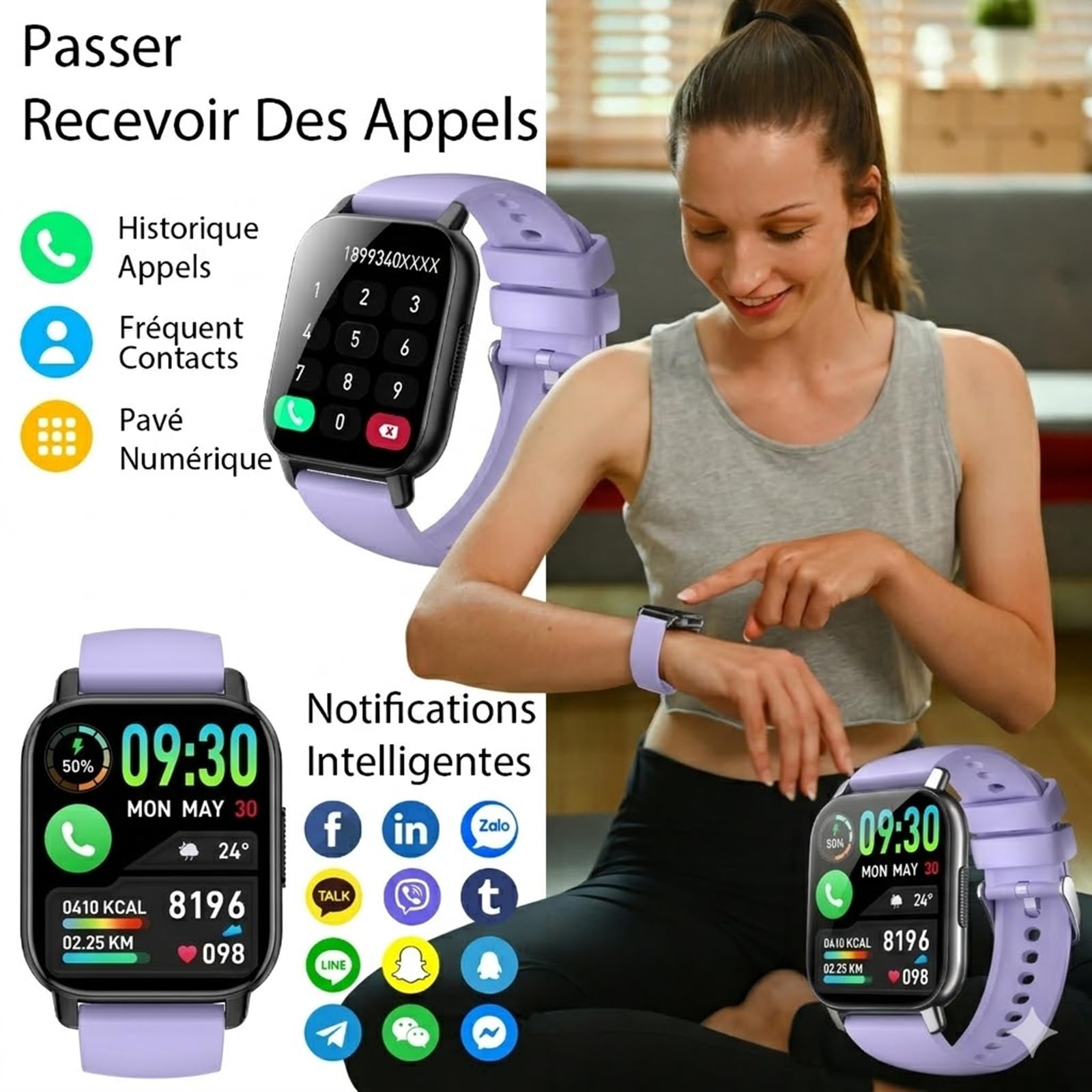 Montre connectée homme femme 1,85 pouces HD appel Bluetooth suivi sommeil