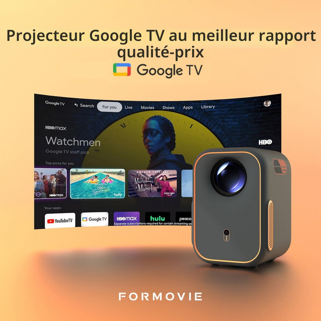 Vidéoprojecteur Full HD 1080P (4K pris en charge) — Google TV & Netflix, WiFi, Bluetooth, Dolby Audio, moteur lumineux fermé