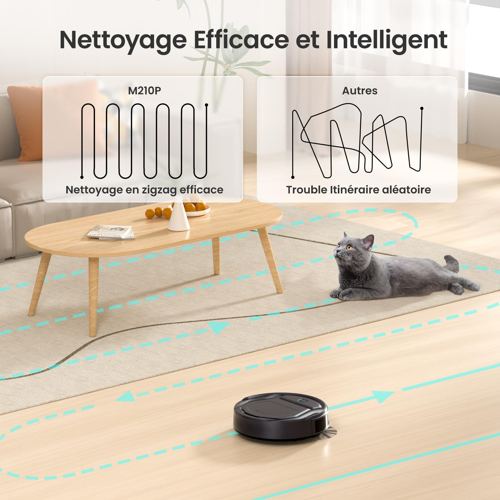 Robot aspirateur mince silencieux connecté WiFi app navigation auto