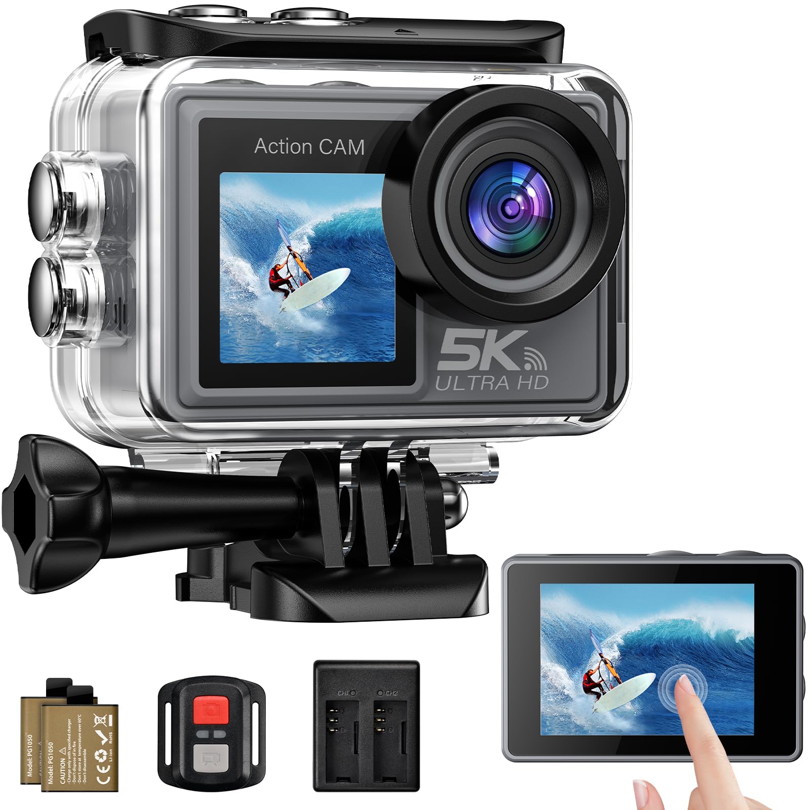 Caméra d'action 5K 50MP double écran tactile — zoom 5X, stabilisation EIS 6 axes, étanche 30 m, WiFi