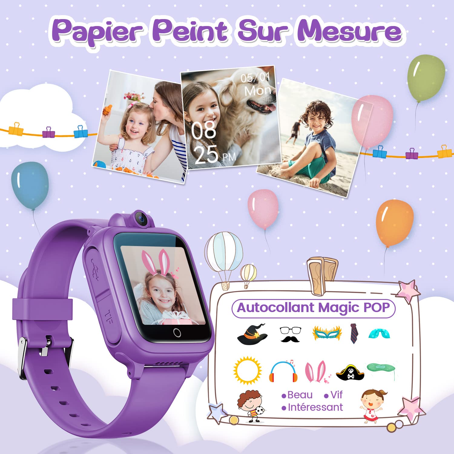 Montre connectée enfant jouet — caméra rotative, 14 jeux, mode école (3-12 ans)
