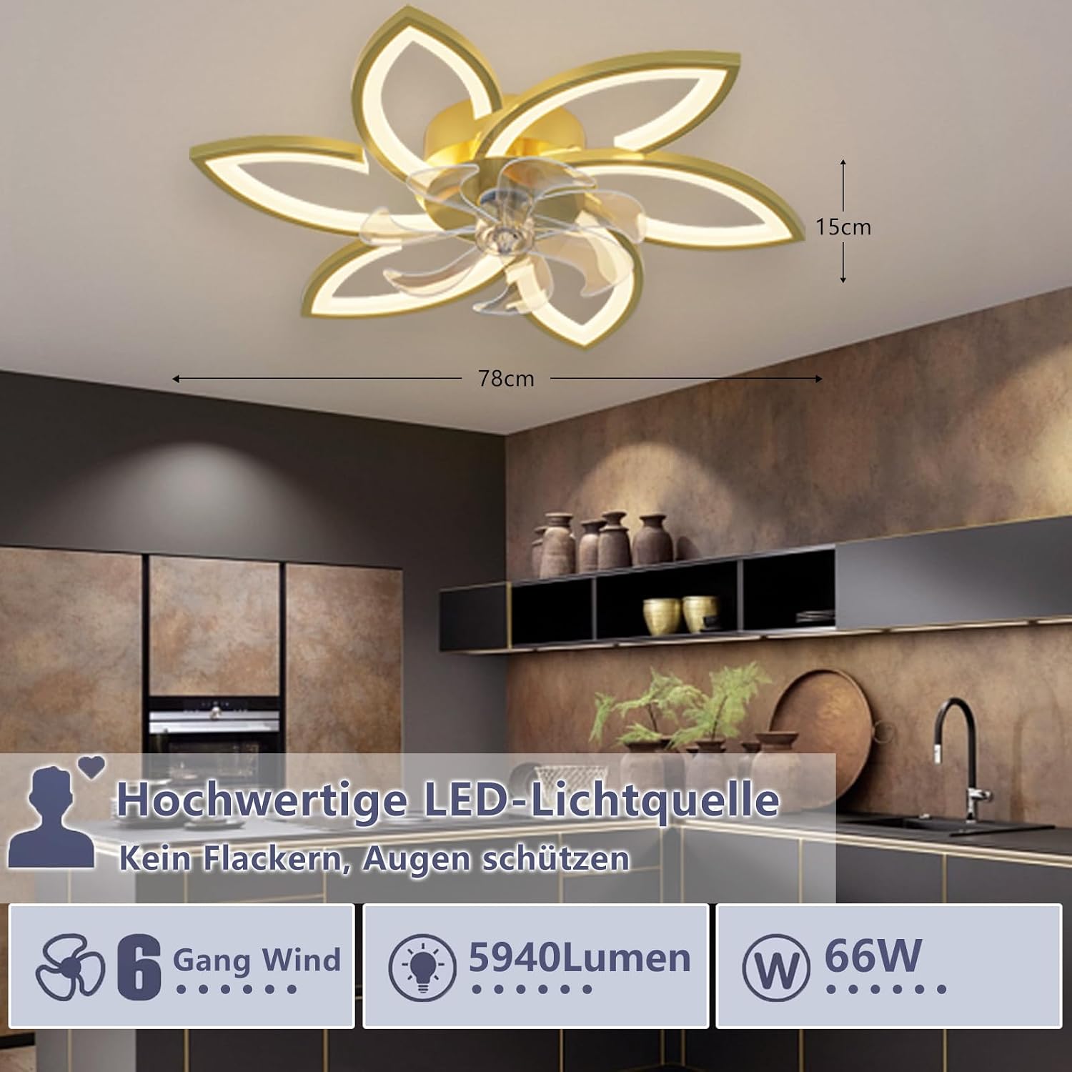 Ventilateur de plafond LED 78 cm doré — dimmable, télécommande + appli — vue 6