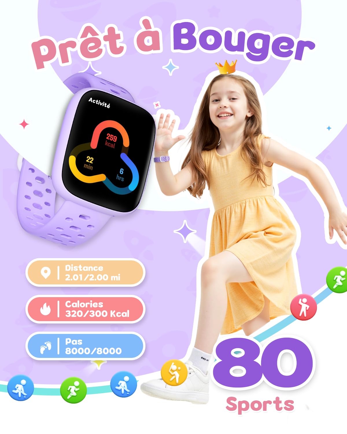 Montre connectée enfant AMOLED 1,83" — sans appli ni abonnement, podomètre