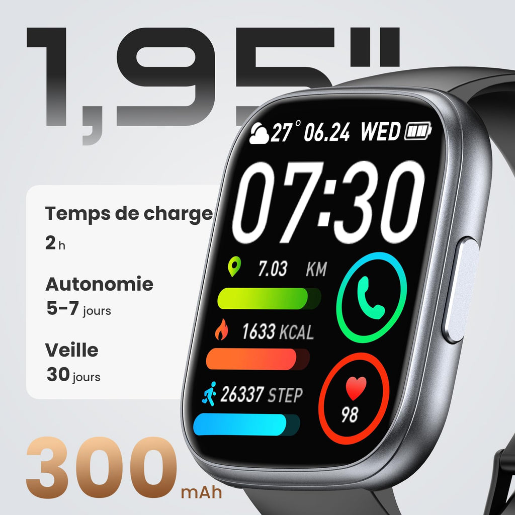 Montre connectée homme femme 1,95" HD — appels Bluetooth, 112 modes sport, IP68