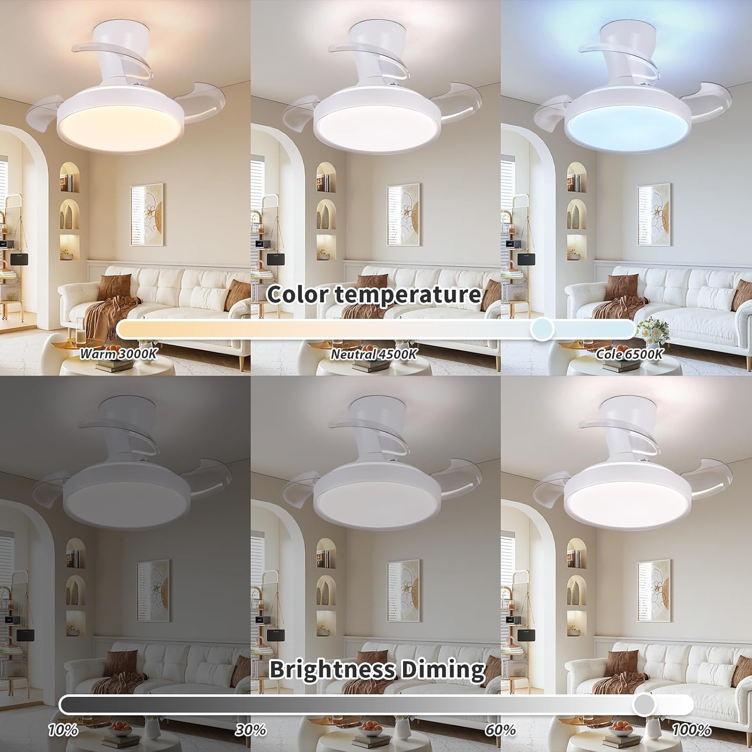 Ventilateur de plafond LED rétractable Ø55 cm — silencieux été/hiver — vue 3