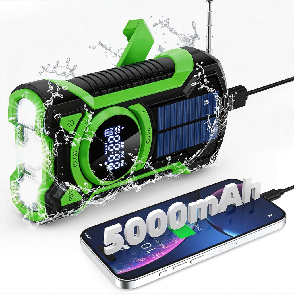 Radio portable AM/FM d'urgence — enceinte Bluetooth, solaire/dynamo/USB, lampe et SOS