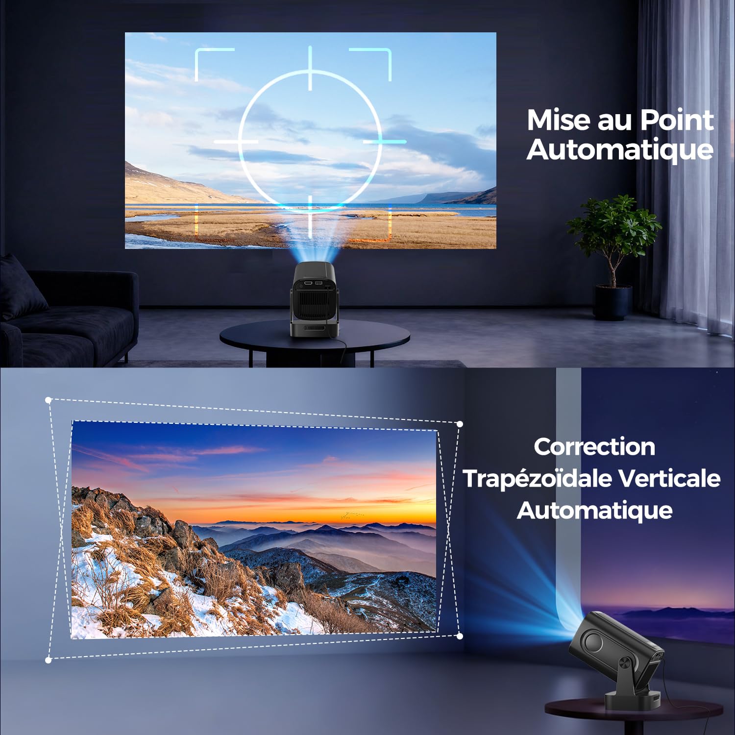 Mini vidéoprojecteur Android 1080P natif (4K pris en charge) — WiFi 6, Bluetooth 5.4, mise au point automatique