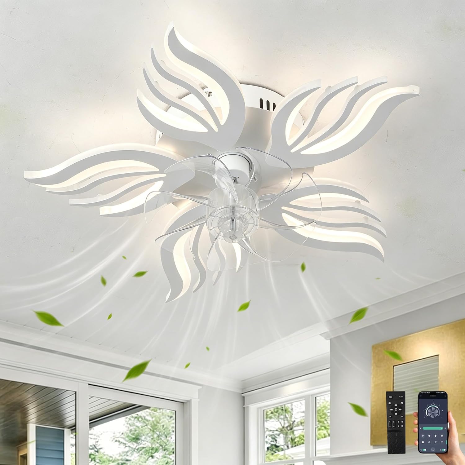 Ventilateur de plafond lustre LED — télécommande et application — vue 1