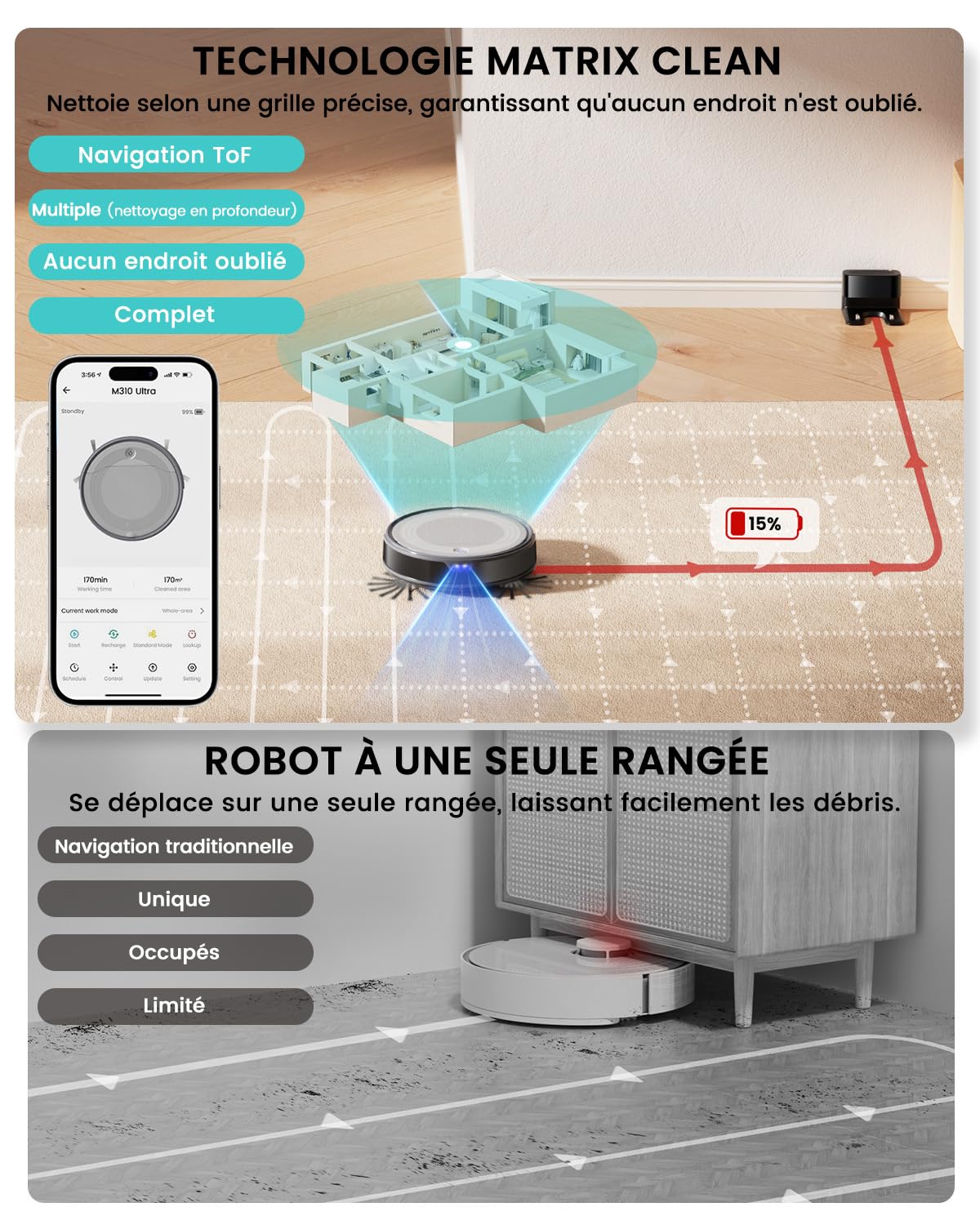 Robot aspirateur 6000Pa navigation laser ToF évitement précis obstacles