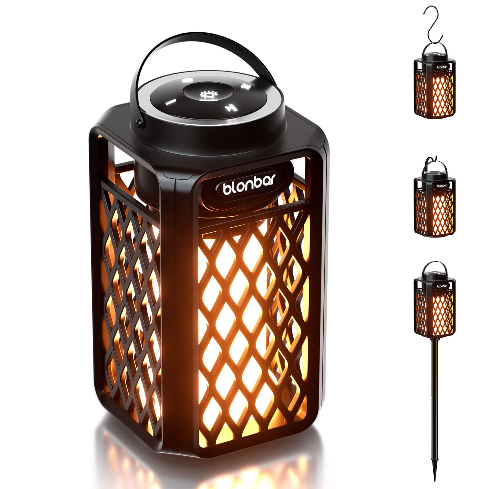 Enceinte Bluetooth lanterne à flamme LED — ambiance flamme réaliste, IP65, 24h, crochet et piquet
