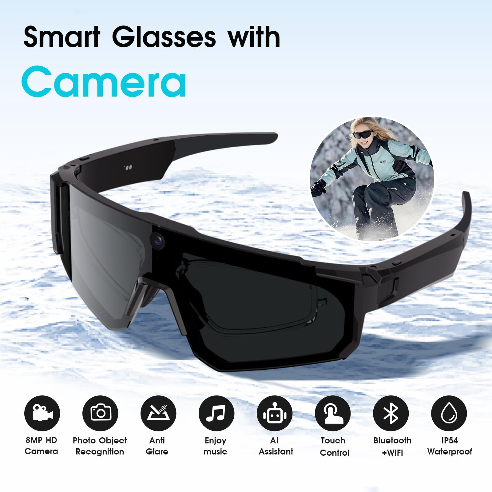 Lunettes connectées caméra HD 1200P — écran shield, enregistrement stabilisé