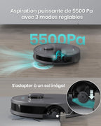 Robot aspirateur laveur 2 en 1 5500Pa navigation LiDAR 200min cartographie