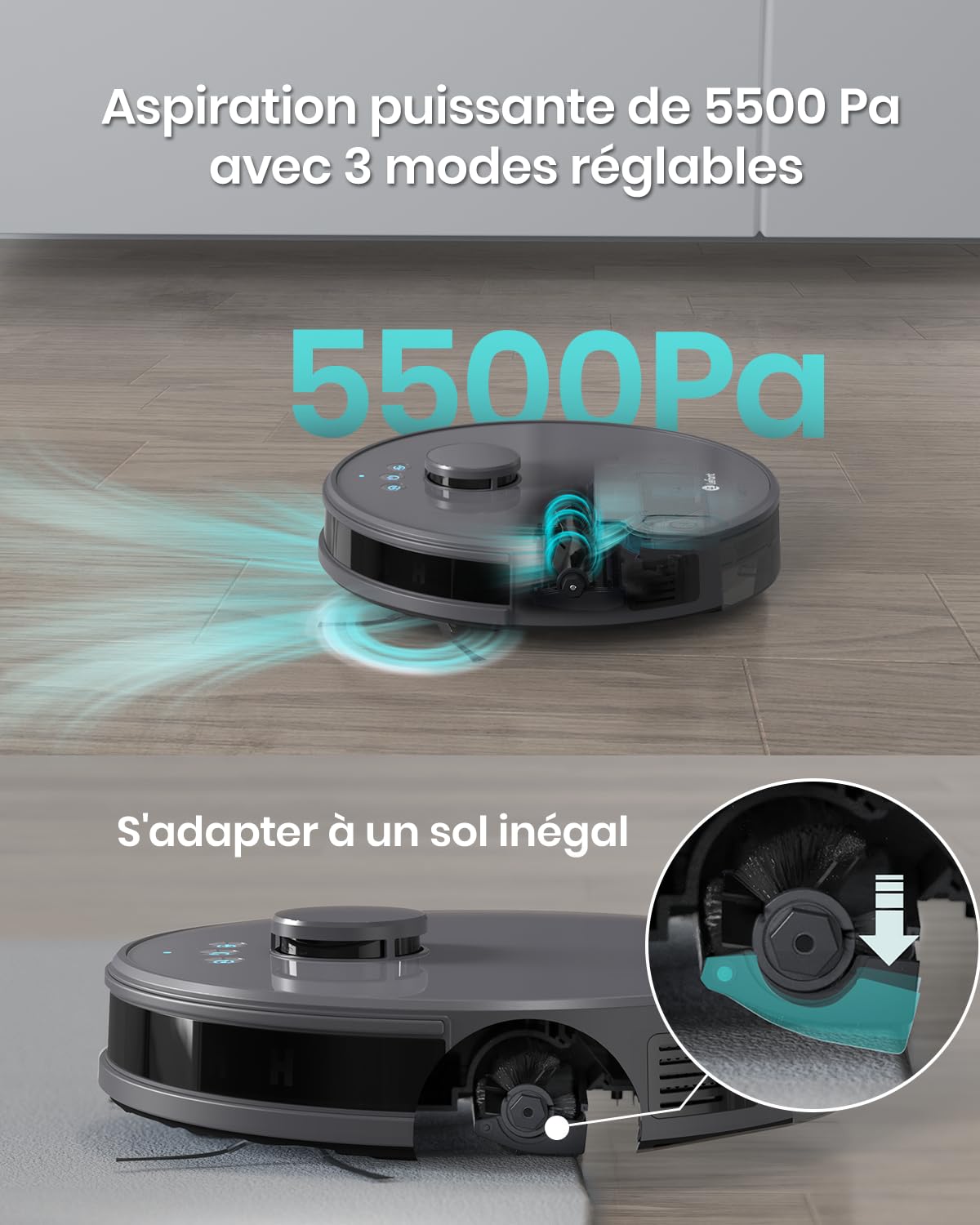 Robot aspirateur laveur 2 en 1 5500Pa navigation LiDAR 200min cartographie