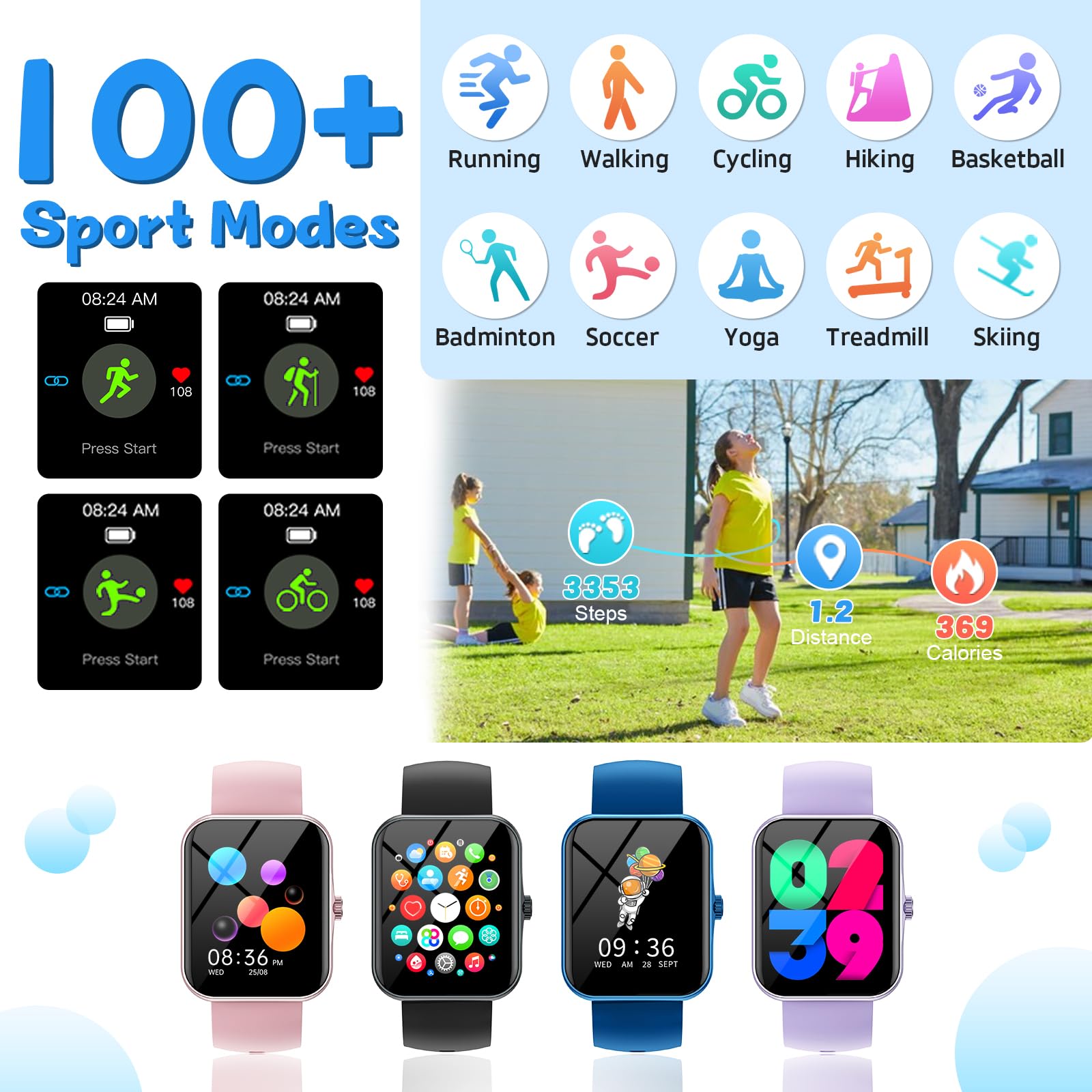 Montre connectée enfant garçon fille — 100+ modes sport, suivi santé, IP68
