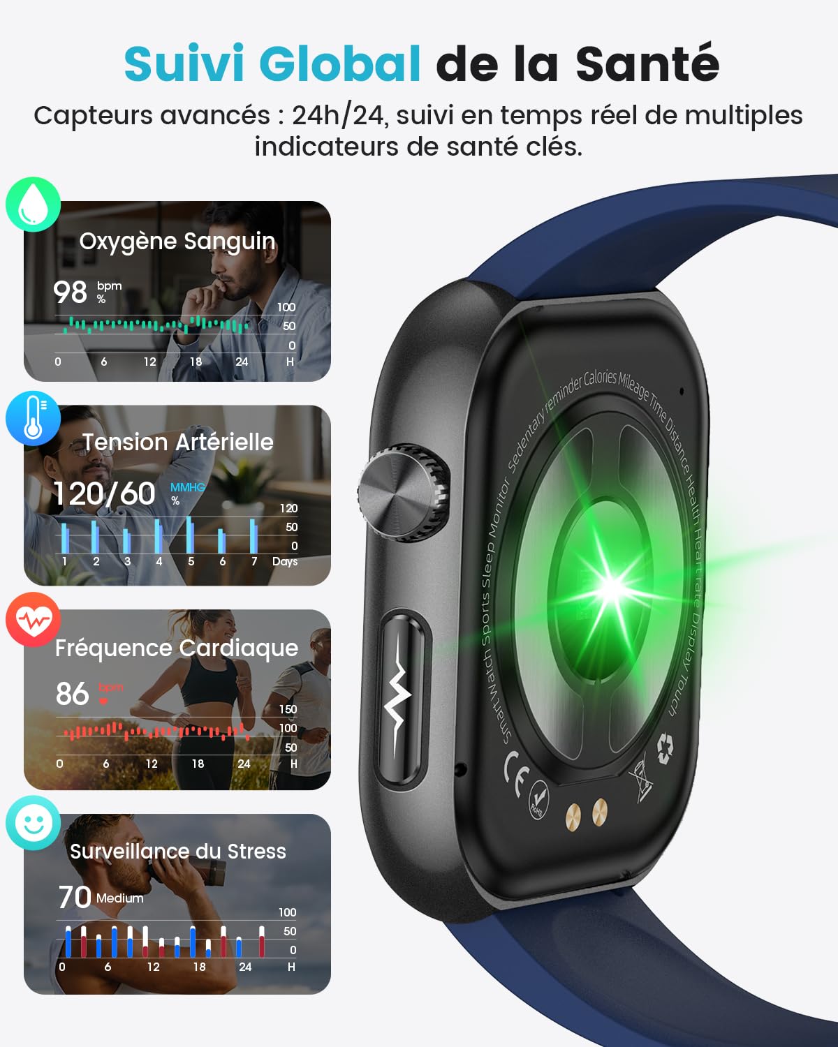Montre connectée homme ECG HRV glycémie tension artérielle GPS sport