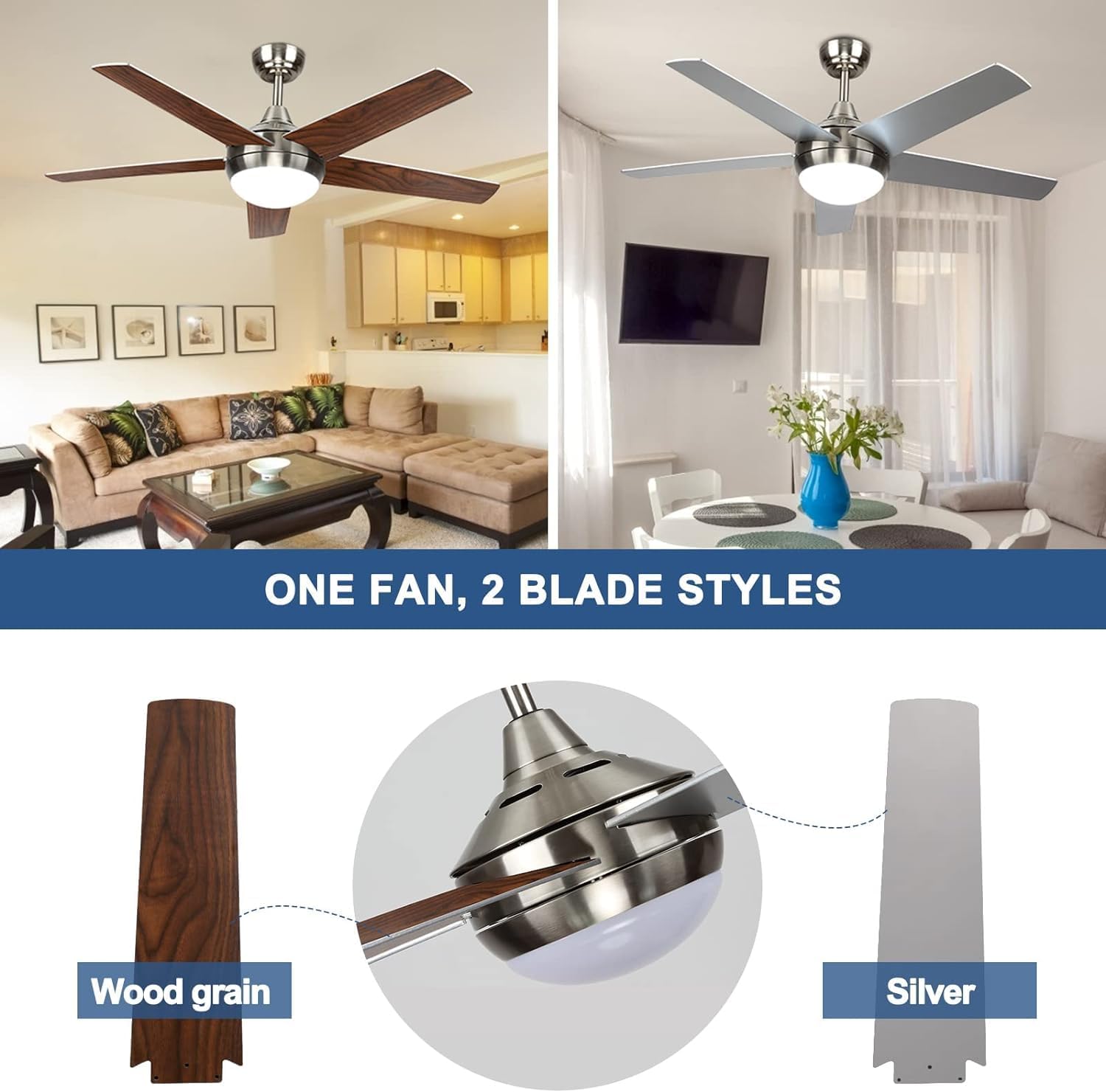 Ventilateur de plafond 132 cm silencieux LED — télécommande, minuterie — vue 2