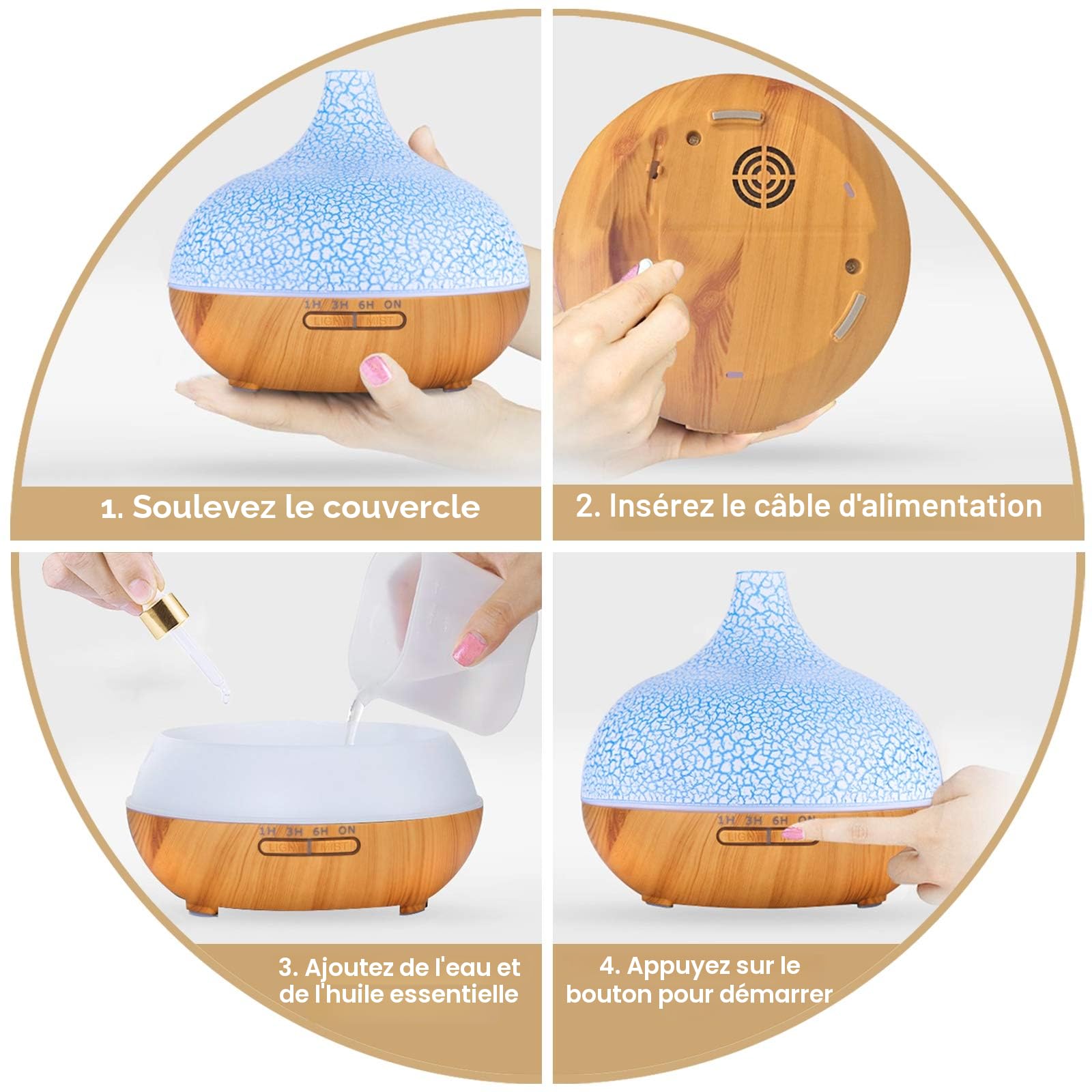 Diffuseur d'arômes 3-en-1 550 ml — humidificateur ultrasons, 7 couleurs LED, télécommande, arrêt auto