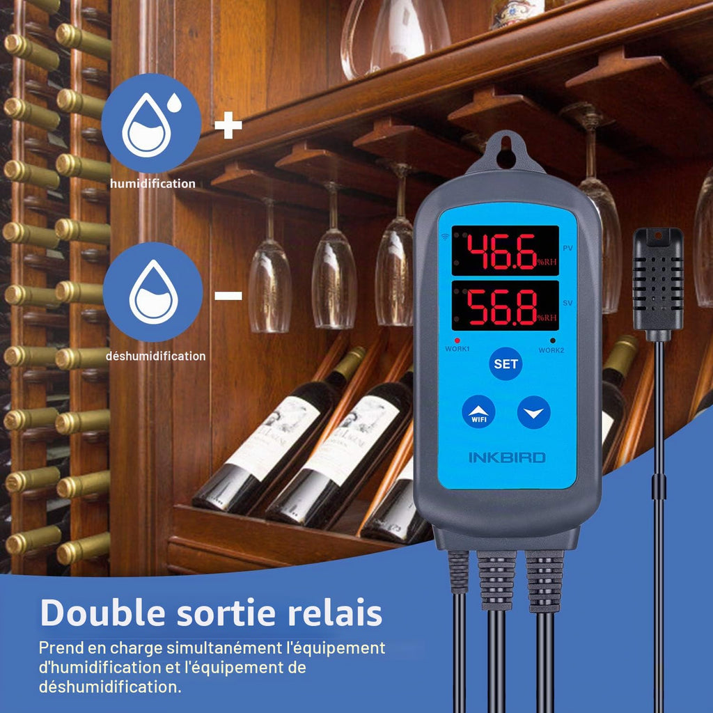 Prise hygrostat connectée WiFi — sonde d'humidité, contrôle app, double relais humidificateur/déshumidificateur