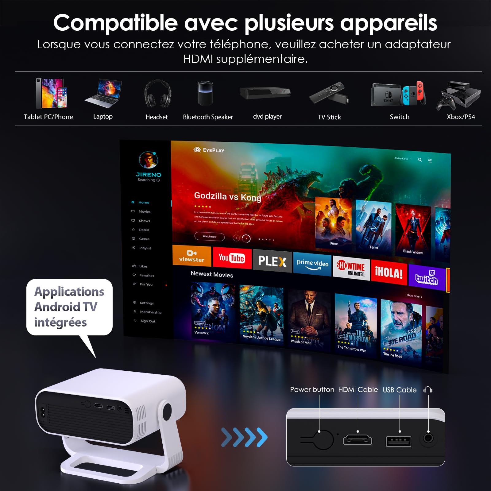 Vidéoprojecteur intelligent Full HD 1080P natif — applications intégrées, WiFi & Bluetooth, home cinéma sans fil