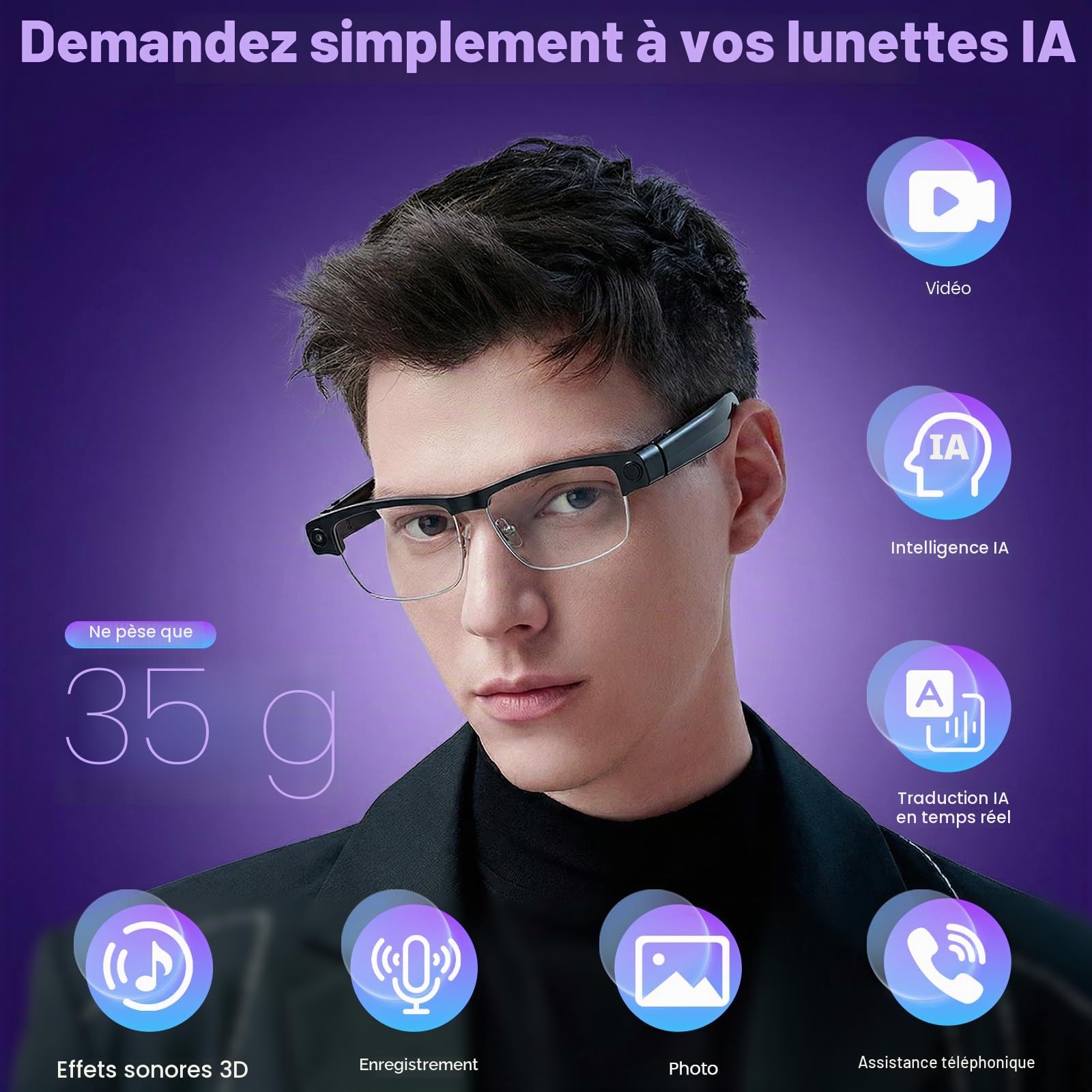 Lunettes connectées IA filtre lumière bleue HD 1200P Bluetooth sport