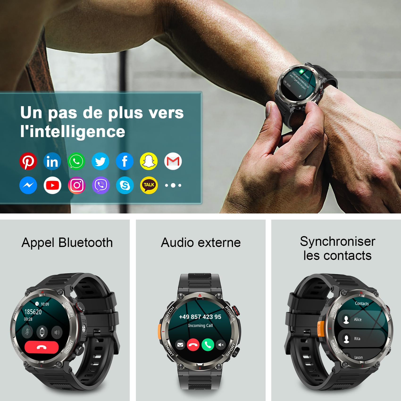Montre connectée homme appel Bluetooth WhatsApp écran HD 1,45 pouces tactile