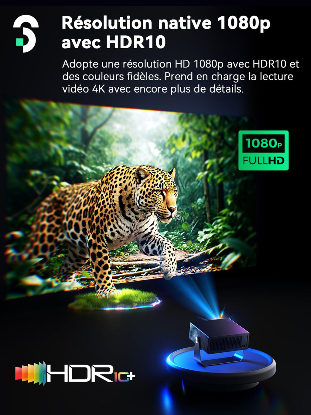 Vidéoprojecteur home cinéma 1080P natif (4K pris en charge) — HDR10 & HLG, alignement intelligent, compatible Netflix