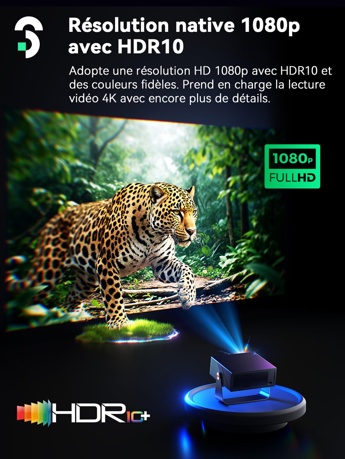 Vidéoprojecteur home cinéma 1080P natif (4K pris en charge) — HDR10 & HLG, alignement intelligent, compatible Netflix