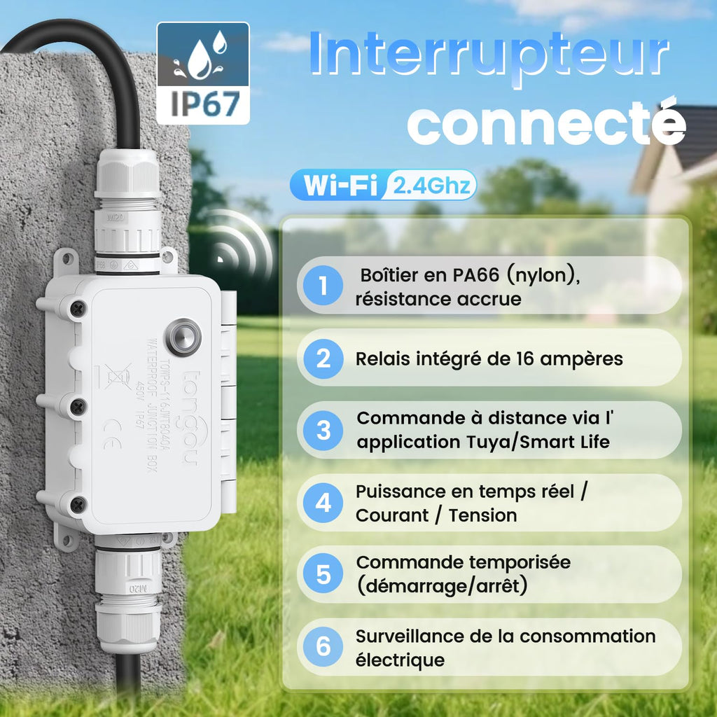 Interrupteur intelligent WiFi 16A télécommande vocale IP67 extérieur