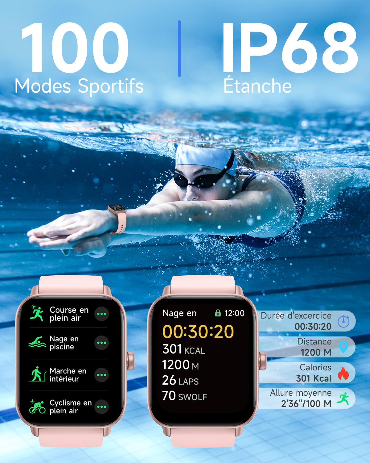 Montre connectée femme 1,8" Alexa intégrée — cardio, sommeil, SpO2, IP68