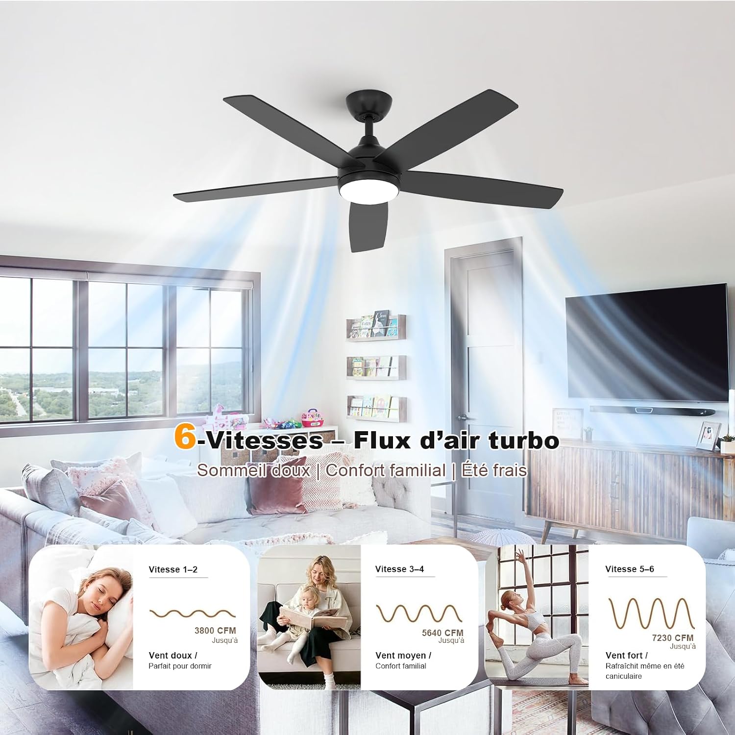 Ventilateur de plafond 132 cm LED — moteur DC silencieux été/hiver — vue 3