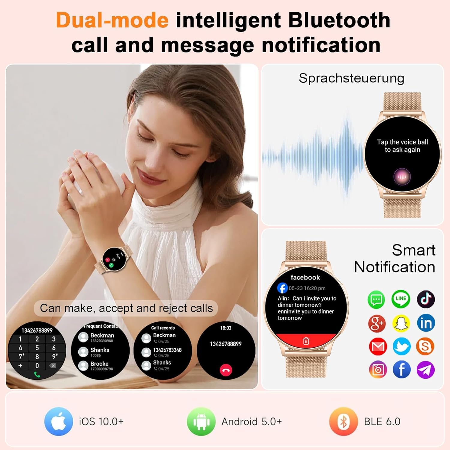 Montre connectée femme ronde 1,32" — appels Bluetooth, 120 modes sport, IP68