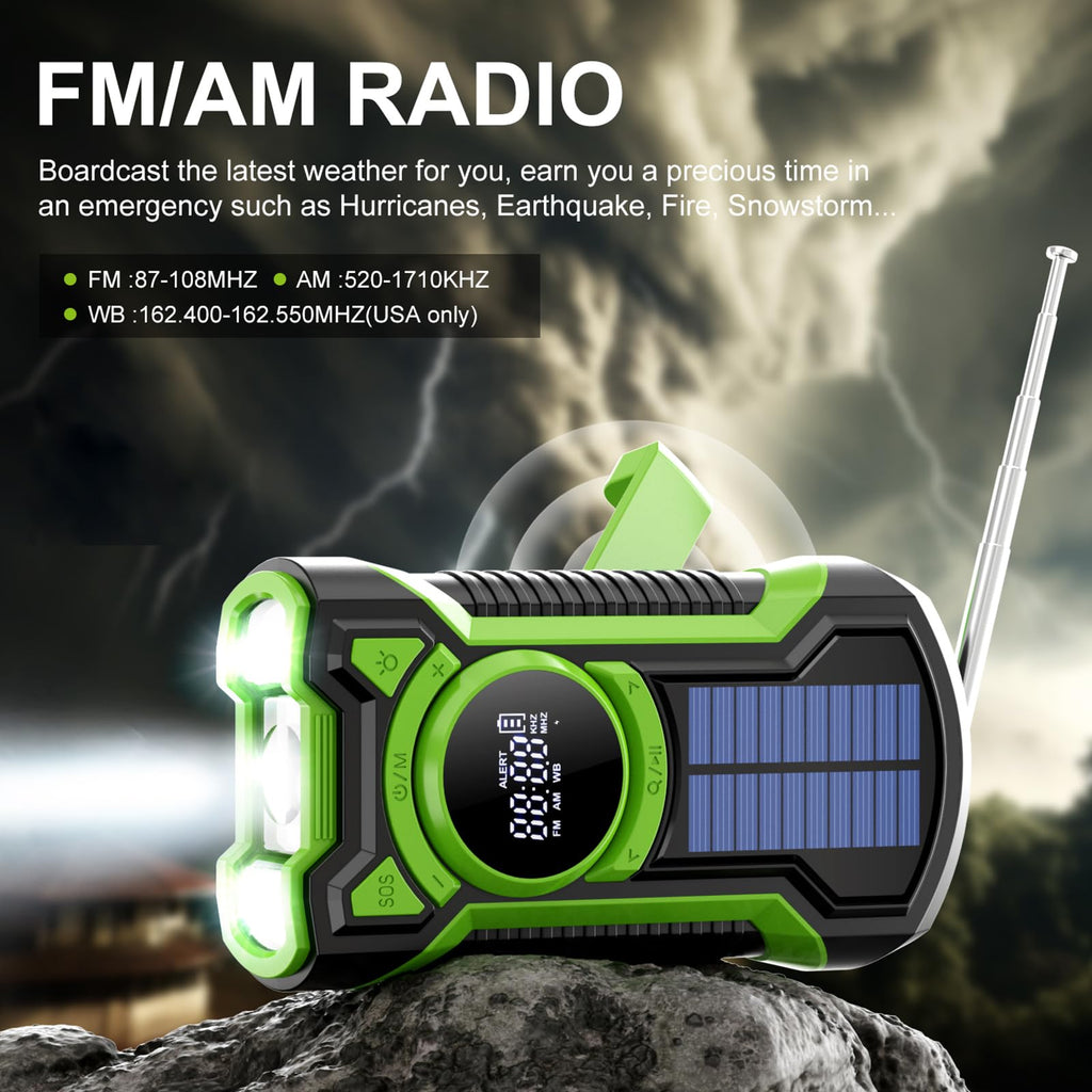 Radio portable AM/FM d'urgence — enceinte Bluetooth, solaire/dynamo/USB, lampe et SOS