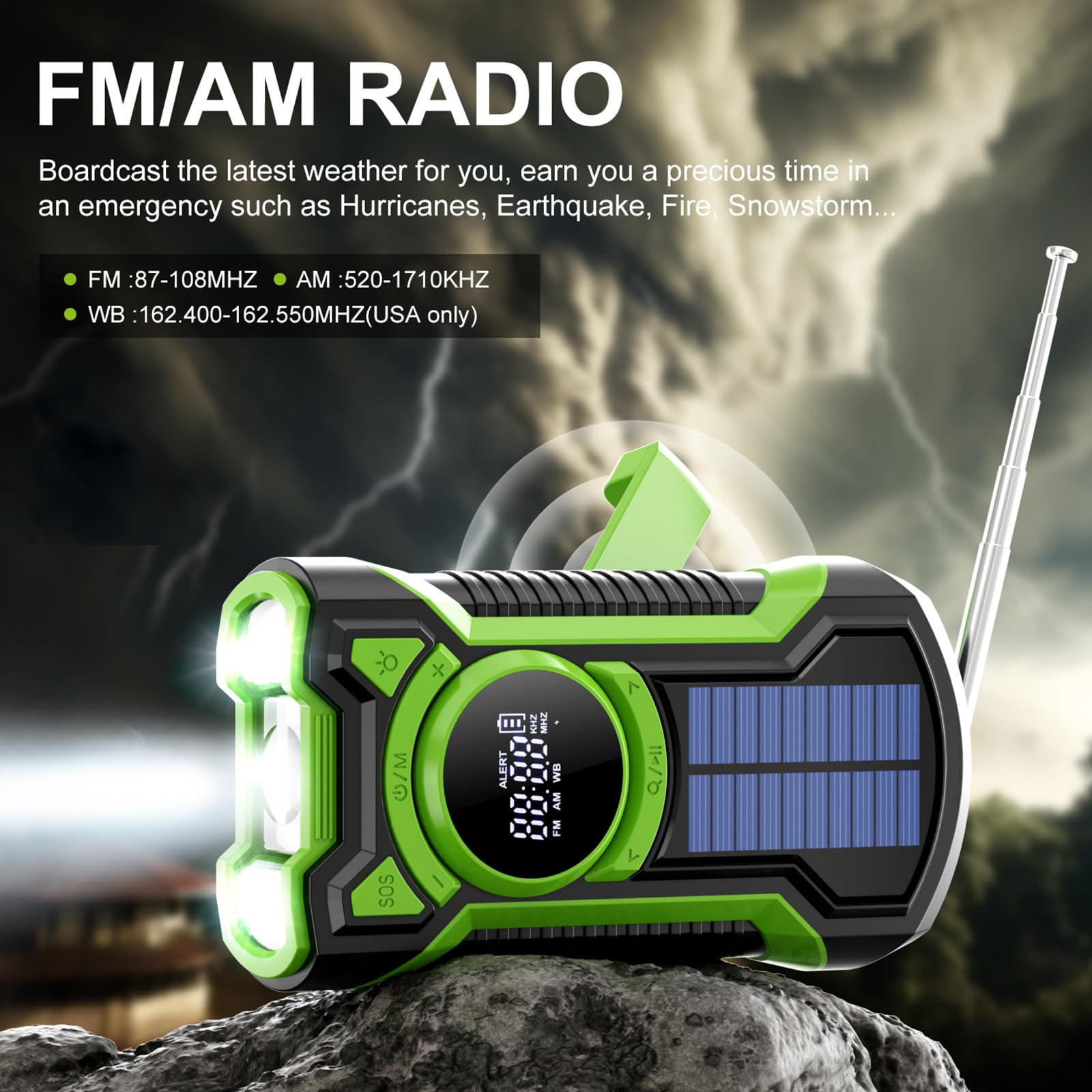Radio portable AM/FM d'urgence — enceinte Bluetooth, solaire/dynamo/USB, lampe et SOS