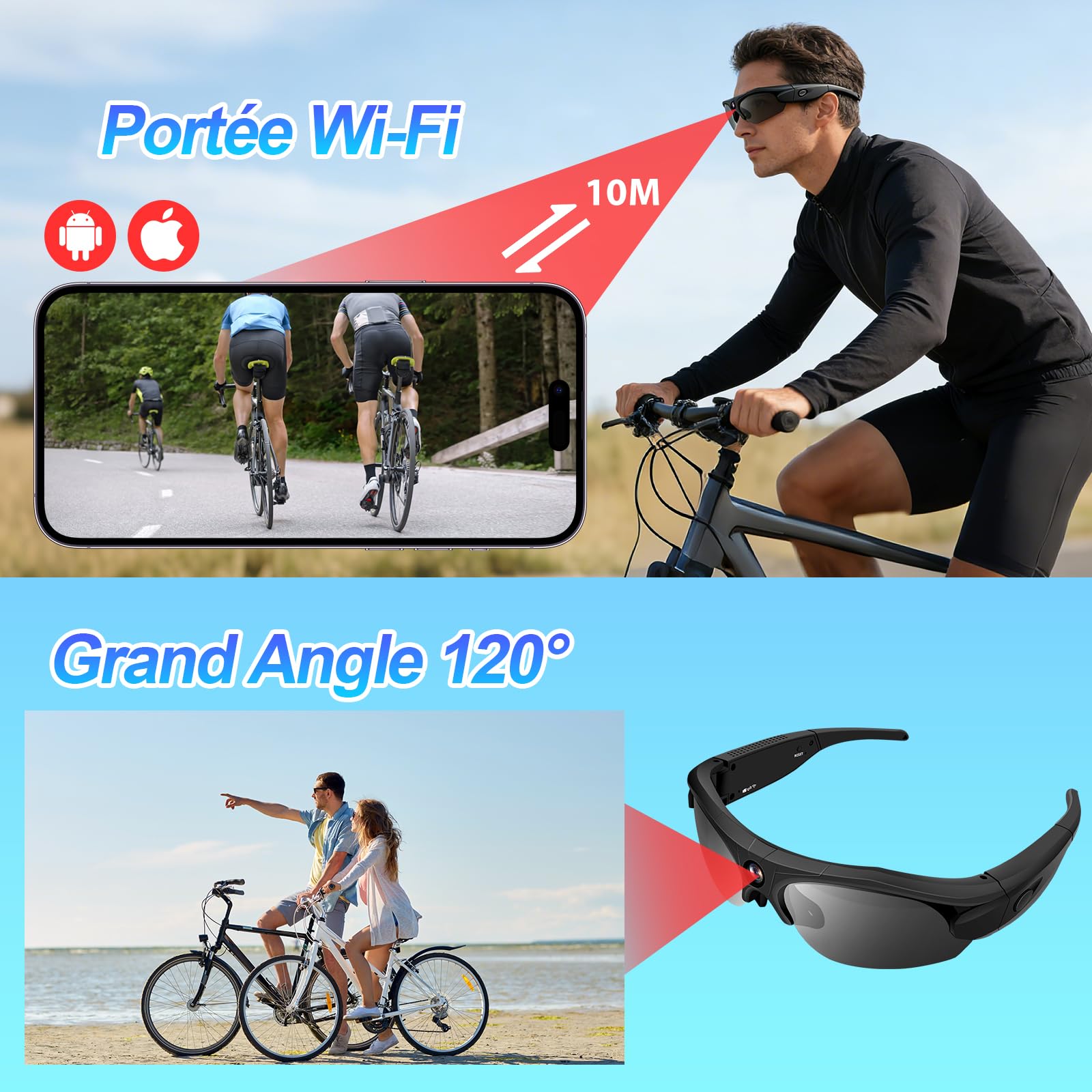 Lunettes connectées sport caméra 1080P HD grand angle 120° action