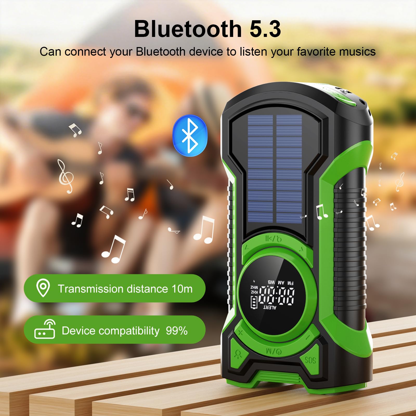 Radio portable AM/FM d'urgence — enceinte Bluetooth, solaire/dynamo/USB, lampe et SOS