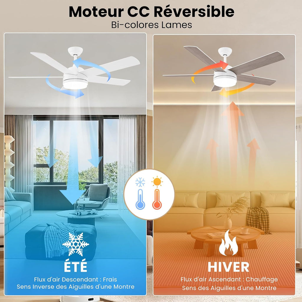 Ventilateur de plafond 152 cm blanc/bois LED — silencieux, 6 vitesses — vue 4