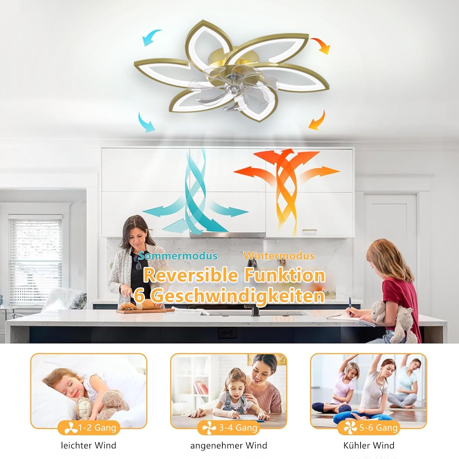 Ventilateur de plafond LED 78 cm doré — dimmable, télécommande + appli — vue 3